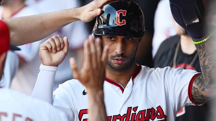 Jun 28, 2026: Cleveland Guardians shortstop Brayan Rocchio (4) celebrates after scoring during the eighth inning against the Seattle Mariners at Progressive Field. Credit: Ken Blaze-Imagn Images Jun 28, 2026: Cleveland Guardians shortstop Brayan Rocchio (4) celebrates after scoring during the eighth inning against the Seattle Mariners at Progressive Field. Credit: Ken Blaze-Imagn Images