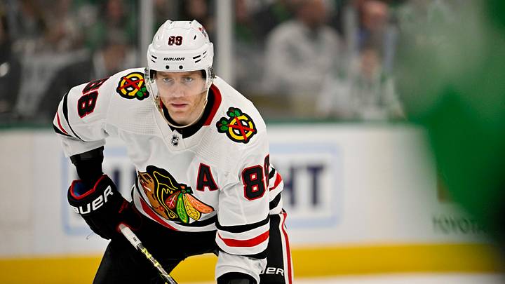 Feb 22, 2023; Dallas, Texas, USA; Chicago Blackhawks right wing Patrick Kane (88) in action during the game between the Dallas Stars and the Chicago Blackhawks at American Airlines Center. Mandatory Credit: Jerome Miron-USA TODAY Sports