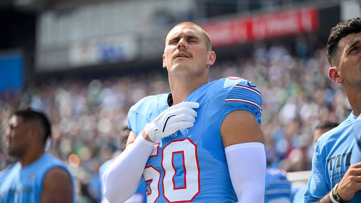 Sep 20, 2026; Nashville, Tennessee, USA; Tennessee Titans linebacker Cody Barton (50) stands during the National Anthem against the Philadelphia Eagles during the first half at Nissan Stadium. Mandatory Credit: Steve Roberts-Imagn Images Sep 20, 2026; Nashville, Tennessee, USA; Tennessee Titans linebacker Cody Barton (50) stands during the National Anthem against the Philadelphia Eagles during the first half at Nissan Stadium. Mandatory Credit: Steve Roberts-Imagn Images