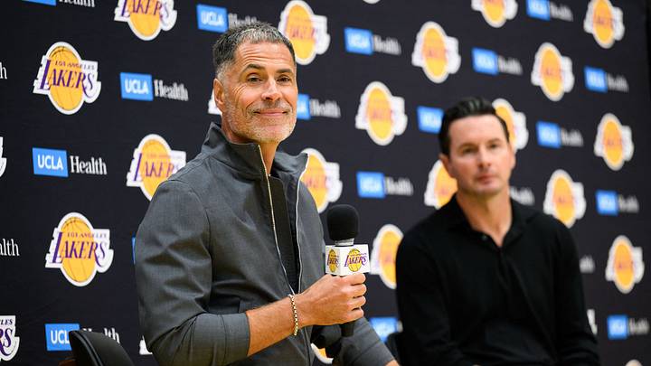 Sep 25, 2025; El Segundo, CA, USA; Los Angeles Lakers general manager Rob Pelinka, left, speaks during a press conference to preview the 2025-26 season at UCLA Health Training Center. Mandatory Credit: William Liang-Imagn Images Sep 25, 2025; El Segundo, CA, USA; Los Angeles Lakers general manager Rob Pelinka, left, speaks during a press conference to preview the 2025-26 season at UCLA Health Training Center. Mandatory Credit: William Liang-Imagn Images