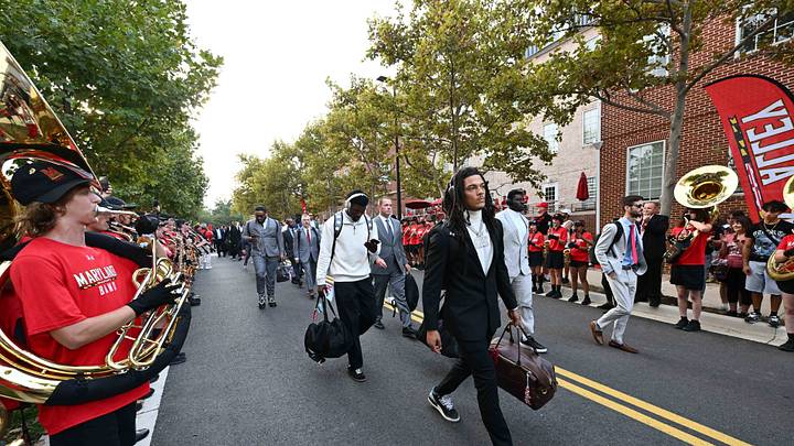Sep 19, 2026; College Park, Maryland, USA; The Maryland Terrapins walk through campus to the stadium before their game against the Virginia Tech Hokies at SECU Stadium. Mandatory Credit: Jamie Sabau-Imagn Images Sep 19, 2026; College Park, Maryland, USA; The Maryland Terrapins walk through campus to the stadium before their game against the Virginia Tech Hokies at SECU Stadium. Mandatory Credit: Jamie Sabau-Imagn Images