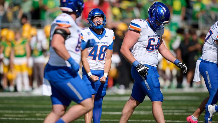 Boise State kicker Canaan Moore (48) celebrates a field goal. Boise State kicker Canaan Moore (48) celebrates a field goal.