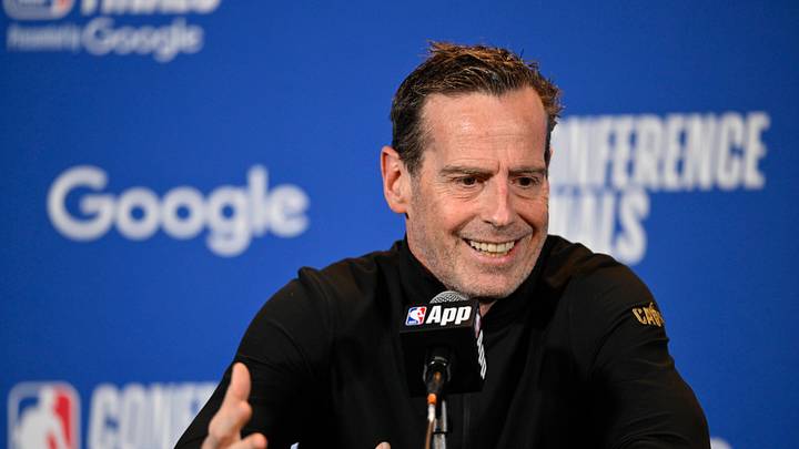 May 25, 2026; Cleveland, Ohio, USA; Cleveland Cavaliers head coach Kenny Atkinson speaks with media before  game four of the eastern conference finals for the 2026 NBA playoffs against the New York Knicks  at Rocket Arena. Mandatory Credit: David Richard-Imagn Images