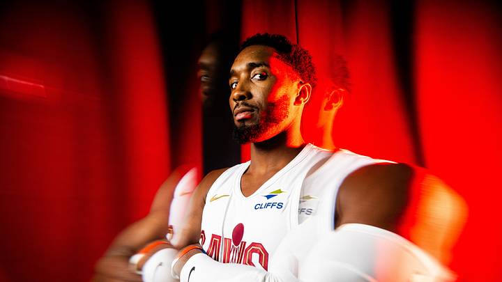 Sep 28, 2026; Cleveland, OH, USA; Cleveland Cavaliers guard Donovan Mitchell (45) poses for a photo during media day at Rocket Arena. Mandatory Credit: Ken Blaze-Imagn Images