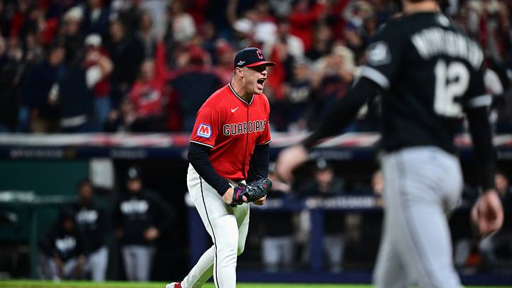 Oct 10, 2026; Cleveland, Ohio, USA; Cleveland Guardians pitcher Erik Sabrowski (62) reacts after clearing five from loaded bases during the sixth inning against the Chicago White Sox in game five of the ALDS for the 2026 MLB Playoffs at Progressive Field. Mandatory Credit: David Dermer-Imagn Images Oct 10, 2026; Cleveland, Ohio, USA; Cleveland Guardians pitcher Erik Sabrowski (62) reacts after clearing five from loaded bases during the sixth inning against the Chicago White Sox in game five of the ALDS for the 2026 MLB Playoffs at Progressive Field. Mandatory Credit: David Dermer-Imagn Images