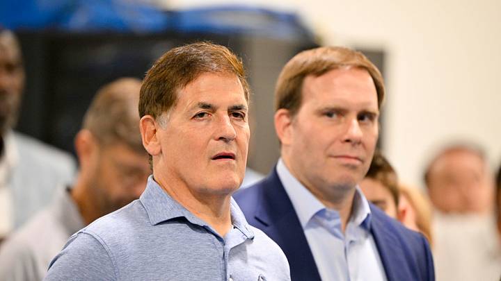 Jun 27, 2025; Dallas, TX, USA; Dallas Mavericks minority owner Mark Cuban (left) and Mavericks governor Patrick Dumont (right) looks on a press conference at the Dallas Mavericks Practice Facility. Mandatory Credit: Jerome Miron-Imagn Images Jun 27, 2025; Dallas, TX, USA; Dallas Mavericks minority owner Mark Cuban (left) and Mavericks governor Patrick Dumont (right) looks on a press conference at the Dallas Mavericks Practice Facility. Mandatory Credit: Jerome Miron-Imagn Images