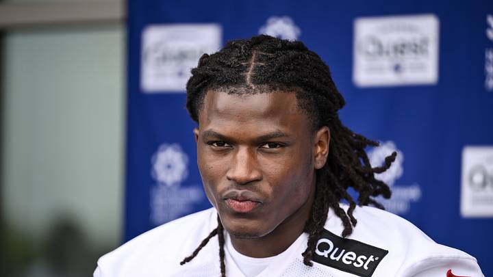 May 9, 2026; East Rutherford, NJ, USA; New York Giants linebacker Arvell Reese (52) speaks during a press conference at rookie minicamp at Quest Diagnostics Training Center.