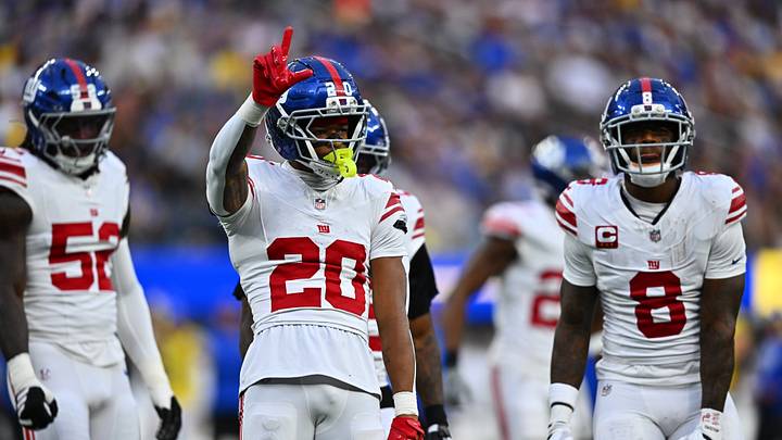Sep 21, 2026; Inglewood, California, USA; New York Giants cornerback Greg Newsome II (20) reacts after a play during the first quarter against the Los Angeles Rams at SoFi Stadium. Sep 21, 2026; Inglewood, California, USA; New York Giants cornerback Greg Newsome II (20) reacts after a play during the first quarter against the Los Angeles Rams at SoFi Stadium.