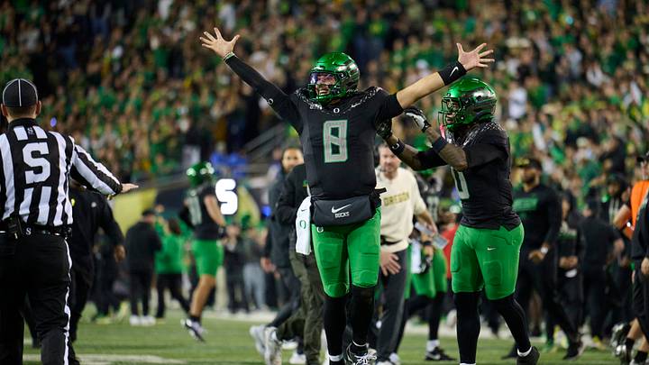 Oct 17, 2026; Eugene, Oregon, USA; Oregon Ducks quarterback Dylan Raiola (8) celebrates after completing a touchdown pass and two point conversion against the Nebraska Cornhuskers during the second half at Autzen Stadium. Mandatory Credit: Troy Wayrynen-Imagn Images Oct 17, 2026; Eugene, Oregon, USA; Oregon Ducks quarterback Dylan Raiola (8) celebrates after completing a touchdown pass and two point conversion against the Nebraska Cornhuskers during the second half at Autzen Stadium. Mandatory Credit: Troy Wayrynen-Imagn Images