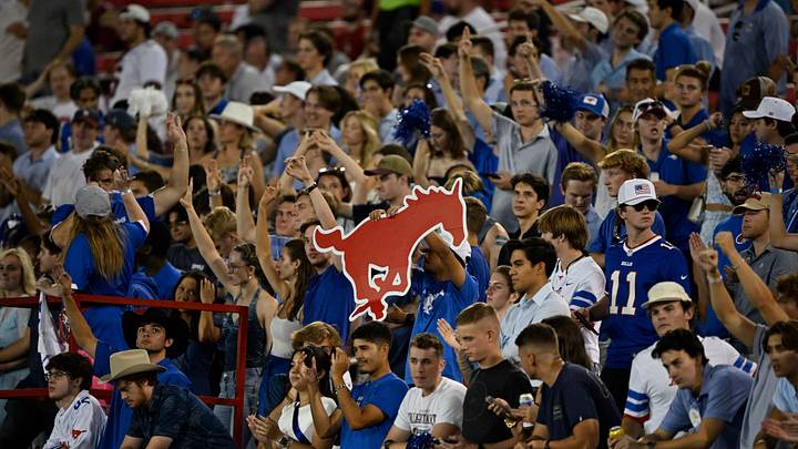 Sep 28, 2024; Dallas, Texas, USA; A view of the Southern Methodist Mustangs fans and a SMU logo during the game between the Southern Methodist Mustangs and the Florida State Seminoles at Gerald J. Ford Stadium. Mandatory Credit: Jerome Miron-Imagn Images
