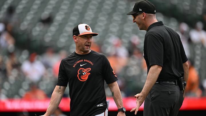 Jul 1, 2026; Baltimore, Maryland, USA; Baltimore Orioles manager Craig Albernaz (55) talks with umpire Nate Tomlinson #34 during the ninth inning of a game against the Chicago White Sox at Oriole Park at Camden Yards. Mandatory Credit: Jamie Sabau-Imagn Images Jul 1, 2026; Baltimore, Maryland, USA; Baltimore Orioles manager Craig Albernaz (55) talks with umpire Nate Tomlinson #34 during the ninth inning of a game against the Chicago White Sox at Oriole Park at Camden Yards. Mandatory Credit: Jamie Sabau-Imagn Images