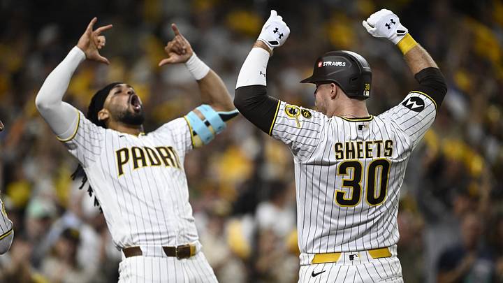 Sep 30, 2026; San Diego, California, USA; San Diego Padres first baseman Gavin Sheets (30) celebrates with outfielder Fernando Tatis Jr. (23) after hitting a two run home run in the fifth inning against the Chicago Cubs during game two of the Wildcard round for the 2026 MLB Playoffs at Petco Park. Mandatory Credit: Denis Poroy-Imagn Images Sep 30, 2026; San Diego, California, USA; San Diego Padres first baseman Gavin Sheets (30) celebrates with outfielder Fernando Tatis Jr. (23) after hitting a two run home run in the fifth inning against the Chicago Cubs during game two of the Wildcard round for the 2026 MLB Playoffs at Petco Park. Mandatory Credit: Denis Poroy-Imagn Images