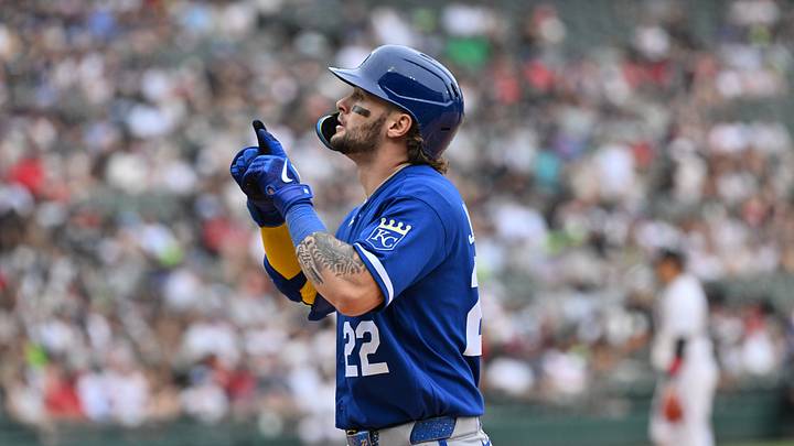 Jun 28, 2026; Chicago, Illinois, USA; Kansas City Royals catcher Carter Jensen (22) celebrates after hitting a single against the Chicago White Sox during the ninth inning at Rate Field. Mandatory Credit: Patrick Gorski-Imagn Images