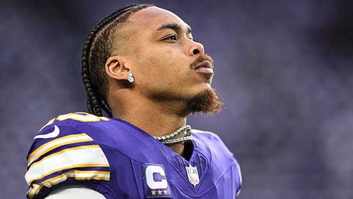 Jan 4, 2026; Minneapolis, Minnesota, USA; Minnesota Vikings wide receiver Justin Jefferson (18) warms up prior to the game against the Green Bay Packers at U.S. Bank Stadium. Mandatory Credit: Jeffrey Becker-Imagn Images
