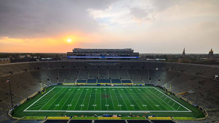 Oct 12, 2024; South Bend, Indiana, USA; Notre Dame Stadium is empty during a weather delay in the game between the Notre Dame Fighting Irish and the Stanford Cardinal. Oct 12, 2024; South Bend, Indiana, USA; Notre Dame Stadium is empty during a weather delay in the game between the Notre Dame Fighting Irish and the Stanford Cardinal.