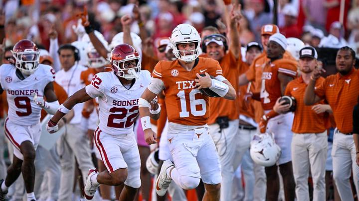 Oct 11, 2025; Dallas, Texas, USA; Texas Longhorns quarterback Arch Manning runs with the ball during the game between the Texas Longhorns and the Oklahoma Sooners at the Cotton Bowl. Jerome Miron-Imagn Images Oct 11, 2025; Dallas, Texas, USA; Texas Longhorns quarterback Arch Manning runs with the ball during the game between the Texas Longhorns and the Oklahoma Sooners at the Cotton Bowl. Jerome Miron-Imagn Images