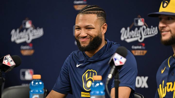 Oct 26, 2026; St. Petersburg, Florida, USA;  Milwaukee Brewers outfielder Jackson Chourio (11) speaks to the media during a press conference after game three of the 2026 World Series against the Tampa Bay Rays at Tropicana Field.  Mandatory Credit: Jonathan Dyer-Imagn Images