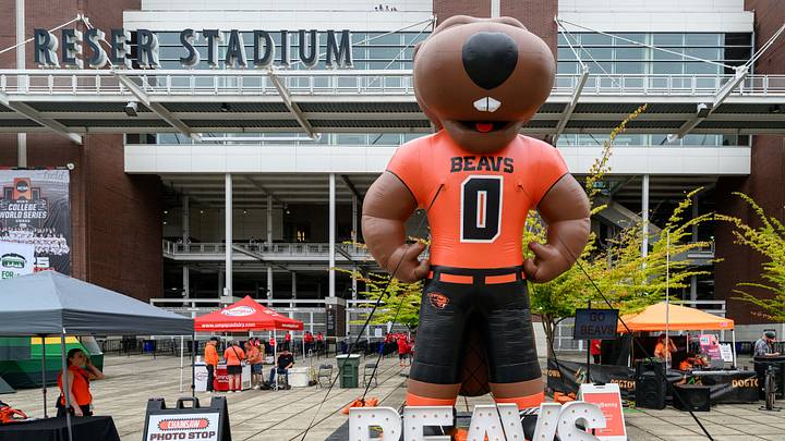 Sep 6, 2025; Corvallis, Oregon, USA; Oregon State Beavers mascot Benny Beaver Photo Booth on the concourse at Reser Stadium before the game against the Fresno State Bulldogs. Mandatory Credit: Craig Strobeck-Imagn Images Sep 6, 2025; Corvallis, Oregon, USA; Oregon State Beavers mascot Benny Beaver Photo Booth on the concourse at Reser Stadium before the game against the Fresno State Bulldogs. Mandatory Credit: Craig Strobeck-Imagn Images