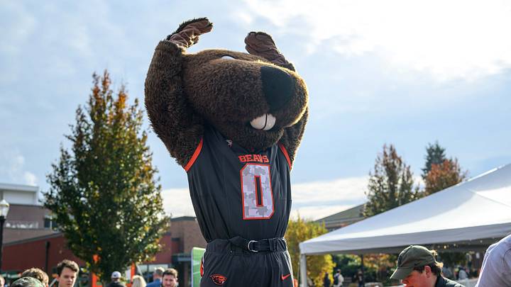 Nov 9, 2024; Corvallis, Oregon, USA; Oregon State Beavers mascot Benny Beaver waves to the fans before the game against the San Jose State Spartans at Reser Stadium. Mandatory Credit: Craig Strobeck-Imagn Images