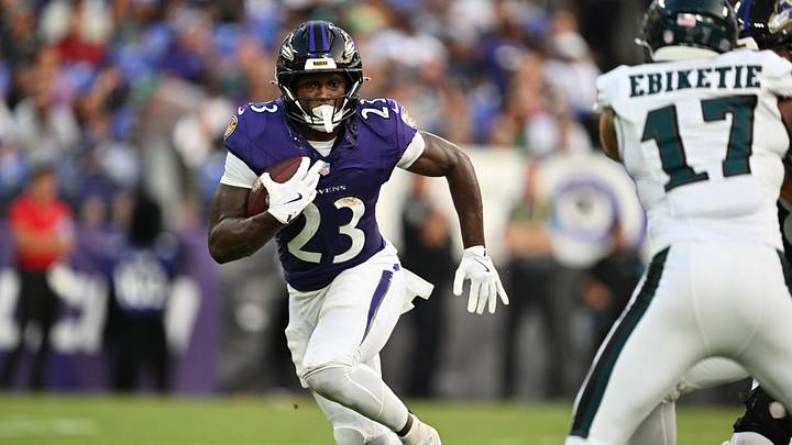Aug 15, 2026; Baltimore, Maryland, USA;  Baltimore Ravens running back Adam Randall (23) runs with the ball against the Philadelphia Eagles at M&T Bank Stadium. Mandatory Credit: Jamie Sabau-Imagn Images