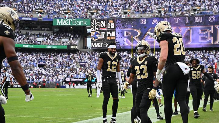 Sep 20, 2026; Baltimore, Maryland, USA; New Orleans Saints safety Julian Blackmon (23) celebrates from the sideline in the fourth quarter against the Baltimore Ravens at M&T Bank Stadium. Mandatory Credit: Jamie Sabau-Imagn Images Sep 20, 2026; Baltimore, Maryland, USA; New Orleans Saints safety Julian Blackmon (23) celebrates from the sideline in the fourth quarter against the Baltimore Ravens at M&T Bank Stadium. Mandatory Credit: Jamie Sabau-Imagn Images