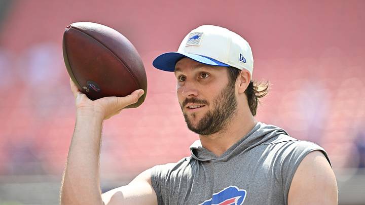 Aug 22, 2026; Cleveland, Ohio, USA; Buffalo Bills quarterback Josh Allen (17) warms up before the game between the Cleveland Browns and the Bills at Huntington Bank Field. 