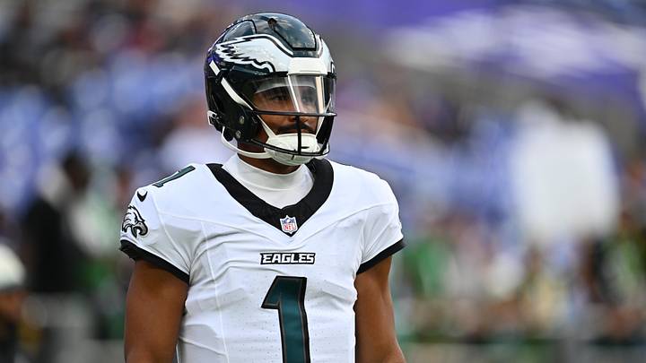 Aug 15, 2026; Baltimore, Maryland, USA;  Philadelphia Eagles quarterback Jalen Hurts (1) warms up