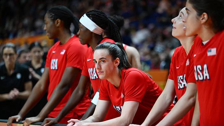 Caitlin Clark looks on during Team USA's FIBA World Cup game against Hungary. Caitlin Clark looks on during Team USA's FIBA World Cup game against Hungary.