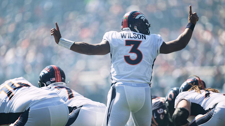 Oct 1, 2023; Chicago, Illinois, USA;  Denver Broncos quarterback Russell Wilson (3) calls signals at