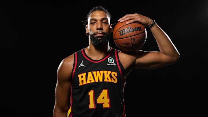 Sep 27, 2021; Atlanta, GA, USA; Atlanta Hawks center Jahlil Okafor (14) shown at Hawks Media Day held at PC&E. Mandatory Credit: Dale Zanine-Imagn Images