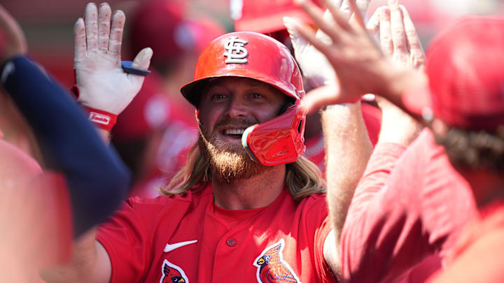 Mar 18, 2023; Jupiter, Florida, USA;  St. Louis Cardinals third baseman Taylor Motter (55) is