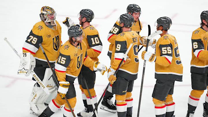 The Golden Knights celebrate after their 6-2 victory. The Golden Knights celebrate after their 6-2 victory.