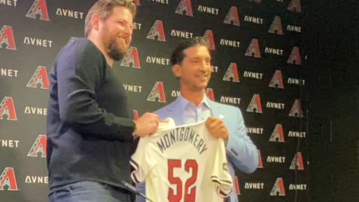 Jordan Montgomery (left) and Mike Hazen (right) pose for a photo in Montgomery's introductory press conference. Montgomery signed a one-year deal with the Diamondbacks. Jordan Montgomery (left) and Mike Hazen (right) pose for a photo in Montgomery's introductory press conference. Montgomery signed a one-year deal with the Diamondbacks.