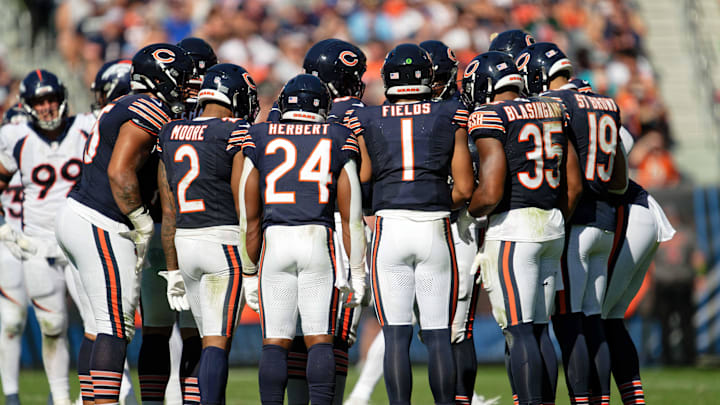 Oct 1, 2023; Chicago, Illinois, USA;  The Chicago Bears huddle up during a game against the Denver Broncos at Soldier Field. Mandatory Credit: Jamie Sabau-Imagn Images