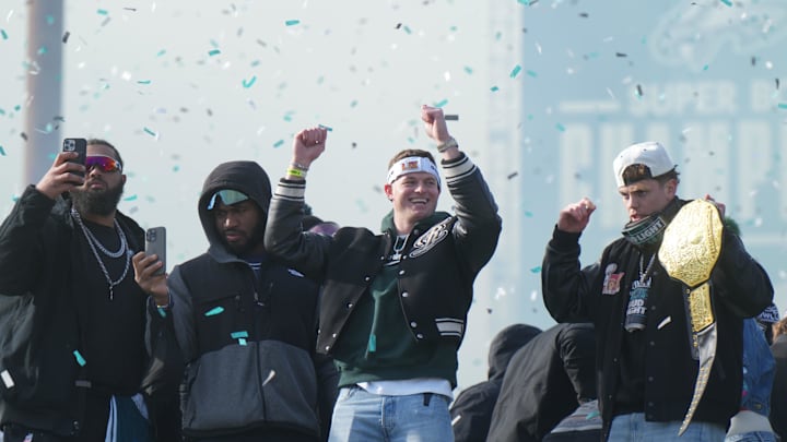 Feb 14, 2025; Philadelphia, PA, USA;  Philadelphia Eagles offensive tackle Darian Kinnard (72), defensive end Bryce Huff (0), safety Reed Blankenship (32) and cornerback Cooper DeJean (33) during the Super Bowl LIX championship parade and rally. Mandatory Credit: Kirby Lee-Imagn Images