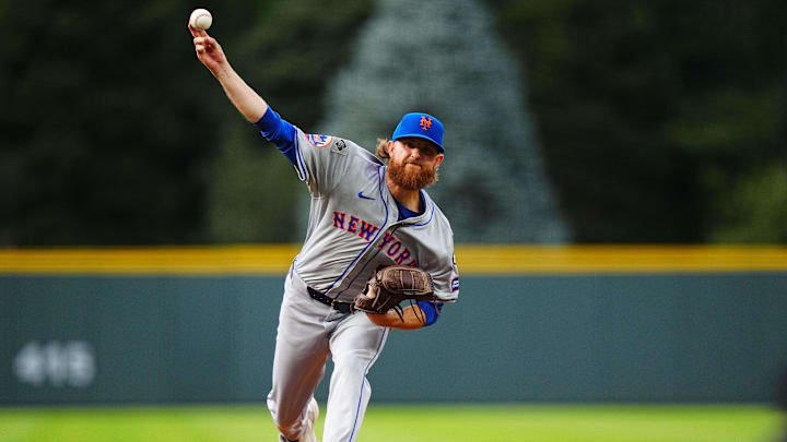 Aug 7, 2024; Denver, Colorado, USA; New York Mets starting pitcher Paul Blackburn (58) delivers a pitch in the first inning against the Colorado Rockies at Coors Field. Mandatory Credit: Ron Chenoy-Imagn Images Aug 7, 2024; Denver, Colorado, USA; New York Mets starting pitcher Paul Blackburn (58) delivers a pitch in the first inning against the Colorado Rockies at Coors Field. Mandatory Credit: Ron Chenoy-Imagn Images