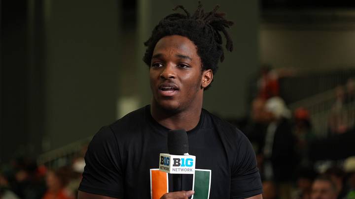 Jan 17, 2026; Miami, Florida, USA; Miami Hurricanes receiver Malachi Toney on the Big Ten Network stage during media day for the 2025 College Football Playoff National Championship at Miami Beach Convention Center. Mandatory Credit: Kirby Lee-Imagn Images