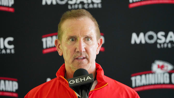 Jul 22, 2024; St. Joseph, MO, USA; Kansas City Chiefs defensive coordinator Steve Spagnuolo talks with media after training camp at Missouri Western State University. Mandatory Credit: Denny Medley-Imagn Images