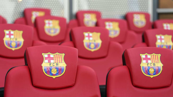 Aug 27, 2024; San Jose, California, USA; FC Barcelona logos are affixed to bench seats before the game against Bay FC at Paypal Park. Mandatory Credit: Darren Yamashita-Imagn Images