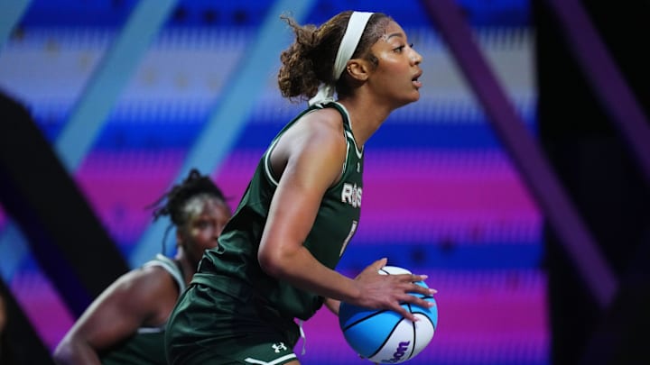 Jan 17, 2025; Miami, FL, USA; Angel Reese (5) of the Rose takes a shot against the Vinyl in the first half of the Unrivaled women’s professional 3v3 basketball league at Wayfair Arena. Mandatory Credit: Jim Rassol-Imagn Images