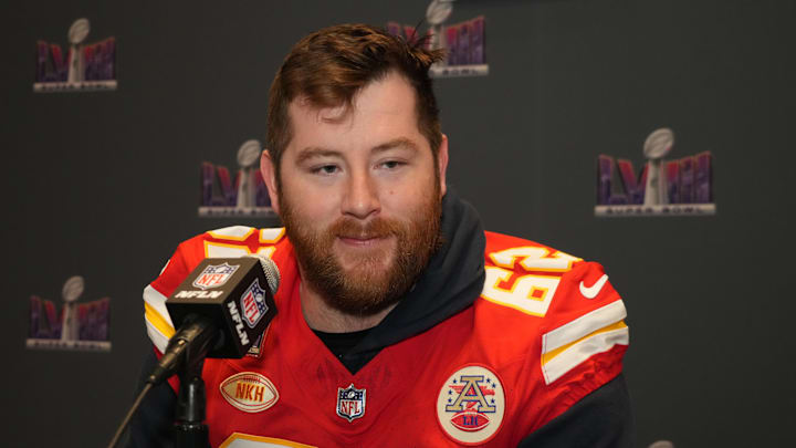 Feb 7, 2024; Las Vegas, NV, USA; Kansas City Chiefs guard Joe Thuney (62) during a press conference before Super Bowl LVIII at Westin Lake Las Vegas Resort and Spa. Mandatory Credit: Kirby Lee-Imagn Images