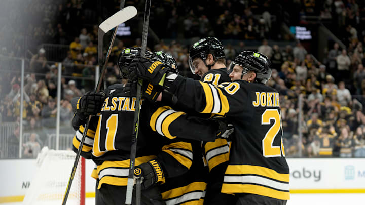 Jan 11, 2026; Boston, Massachusetts, USA; Boston Bruins left-winger Viktor Arvidsson (71) celebrates a score during the first period of the game against the Pittsburgh Penguins at TD Garden. Mandatory Credit: Natalie Reid-Imagn Images