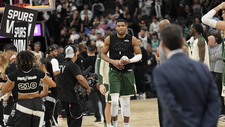 Jan 31, 2025; San Antonio, Texas, USA; Milwaukee Bucks forward Giannis Antetokounmpo (34) walks off the court after a defeat against the San Antonio Spurs at Frost Bank Center. Mandatory Credit: Scott Wachter-Imagn Images