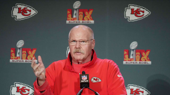 Feb 4, 2025; New Orleans, LA, USA;  Kansas City Chiefs head coach Andy Reid at a press conference in advance of Super Bowl LIX at New Orleans Marriott. Mandatory Credit: Kirby Lee-Imagn Images