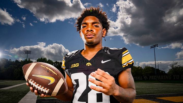 Running back Kamari Moulton stands for a photo during Iowa football media day in Iowa City, Friday, Aug. 9, 2024. Running back Kamari Moulton stands for a photo during Iowa football media day in Iowa City, Friday, Aug. 9, 2024.