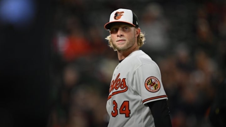 Apr 28, 2026; Baltimore, Maryland, USA;  Baltimore Orioles pitcher Shane Baz (34) heads for the dugout after being pulled in the sixth inning against the Houston Astros at Oriole Park at Camden Yards. Mandatory Credit: Jamie Sabau-Imagn Images
