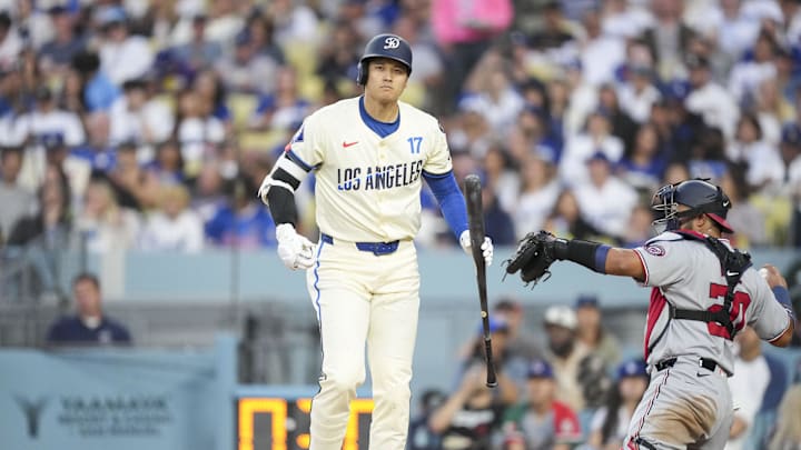 Jun 21, 2025; Los Angeles, California, USA; Los Angeles Dodgers two-way player Shohei Ohtani (17) strikes out in the third inning against the Washington Nationals at Dodger Stadium. Mandatory Credit: Kirby Lee-Imagn Images