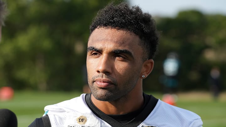 Oct 5, 2023; Ware, United Kingdom; Jacksonville Jaguars wide receiver Christian Kirk (13) reacts during practice at Hanbury Manor Marriott. Mandatory Credit: Kirby Lee-Imagn Images