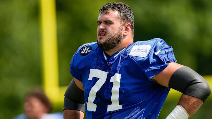 Indianapolis Colts offensive tackle Matt Goncalves (71) stands on the field Monday, Aug. 11, 2025, during Indianapolis Colts Training Camp at Grand Park in Westfield. Indianapolis Colts offensive tackle Matt Goncalves (71) stands on the field Monday, Aug. 11, 2025, during Indianapolis Colts Training Camp at Grand Park in Westfield.