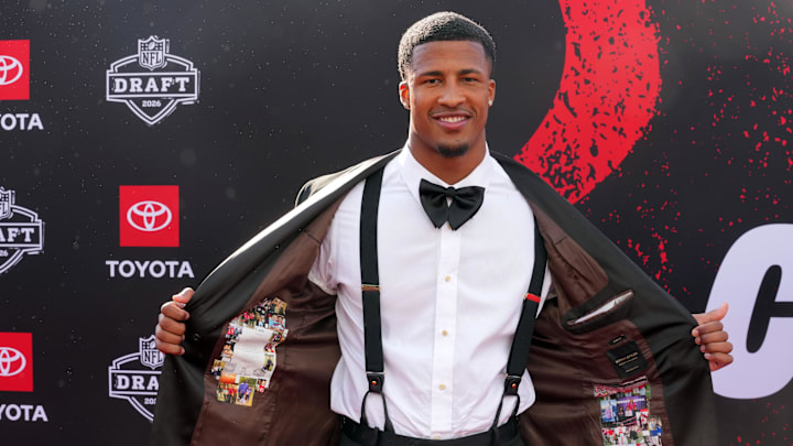 Apr 23, 2026; Pittsburgh, PA, USA; Ohio State Buckeyes linebacker Sonny Styles poses on the red carpet before the 2026 NFL Draft at Point State Park. Mandatory Credit: Kirby Lee-Imagn Images